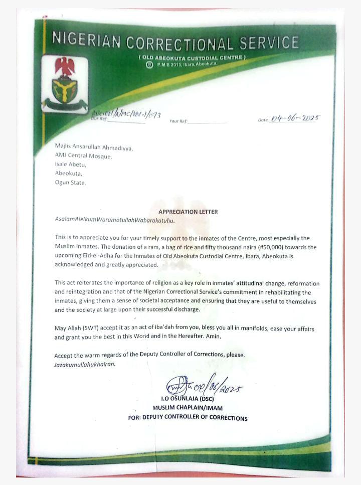 Appreciation Letter from the Chaplain/Management of the Correctional Centre, as received via WhatsApp this morning